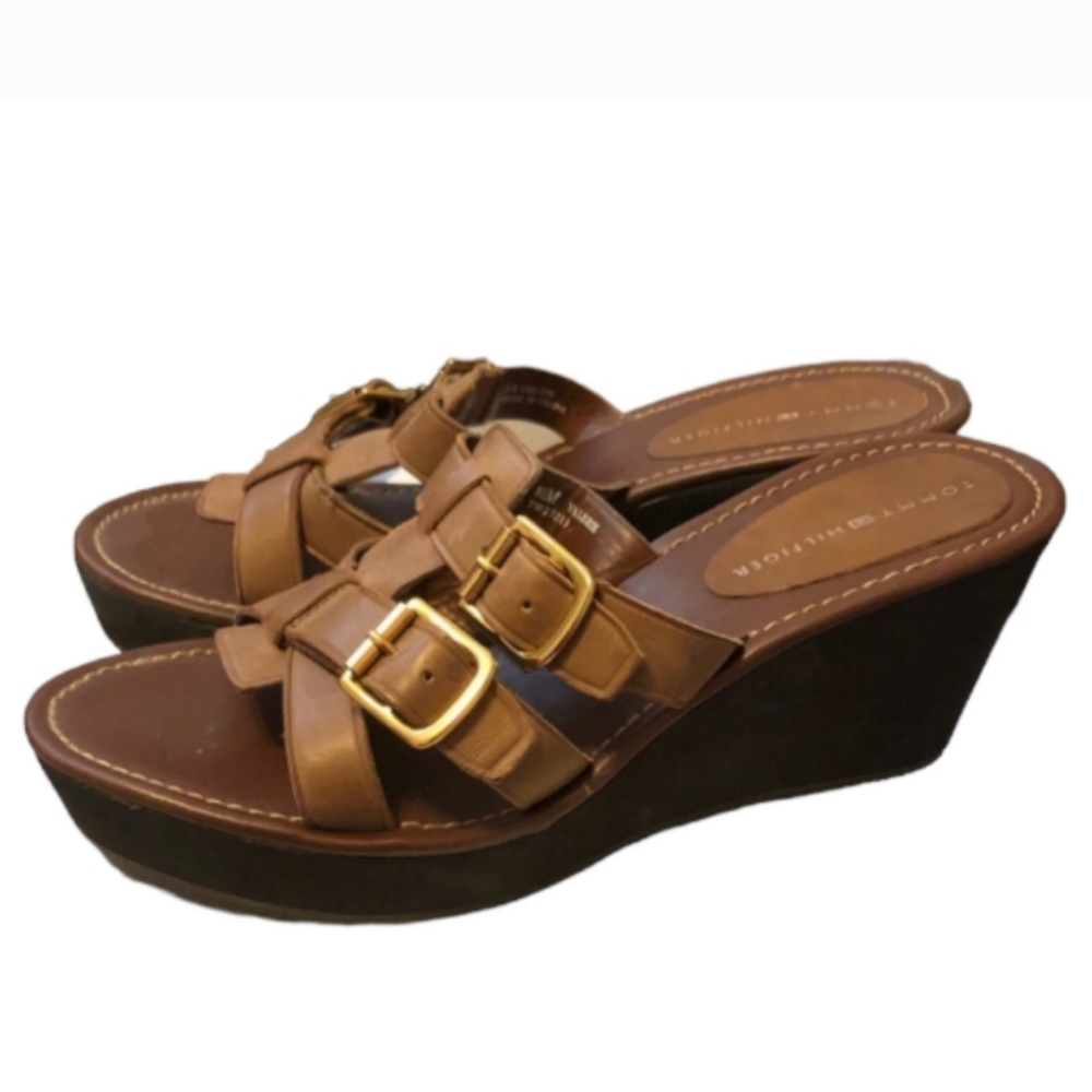 Vintage Y2K Tommy Hilfiger Leather Valerie Adjustable Sandal Wedge Heels  8.5